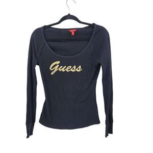 Y2K Guess Black Long-Sleeve Thermal Knit Top Womens Sz M Gold Rhinestone Logo